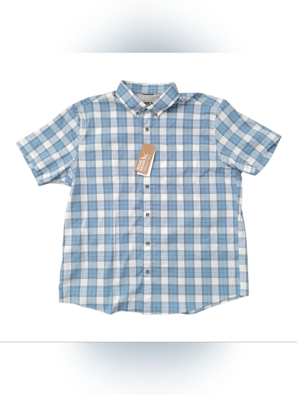 NWT Eddie Bauer Light Blue and White Plaid Short-Sleeve Voyager Flex Shirt